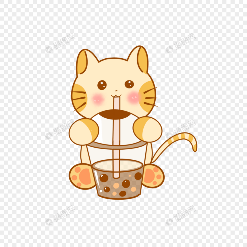 可爱卡通猫咪喝奶茶图片