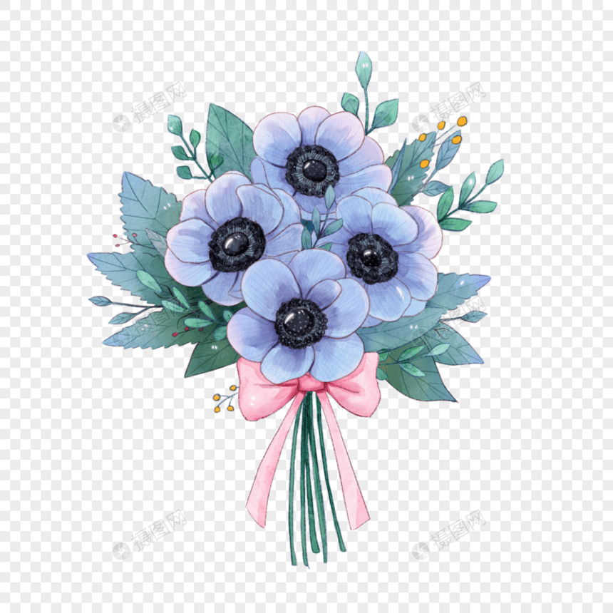 水彩蓝色银莲花花束图片