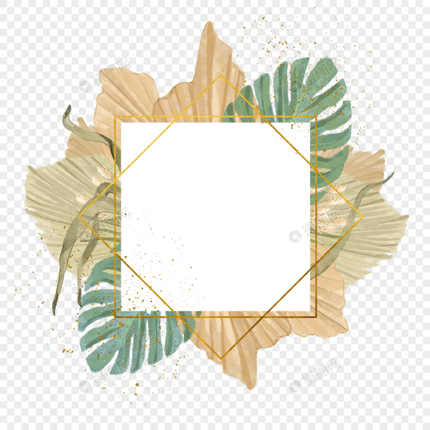 方形水彩干扇棕榈叶婚礼边框图片