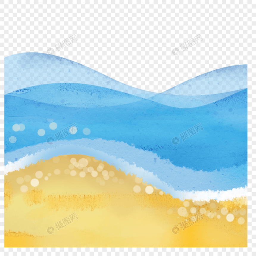 蓝色海水沙滩海浪水彩边框图片