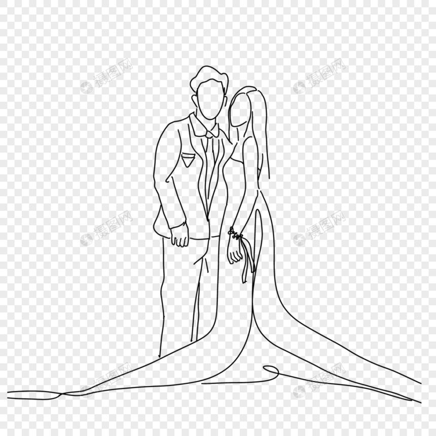 新婚夫妻婚礼黑白涂鸦线条画图片