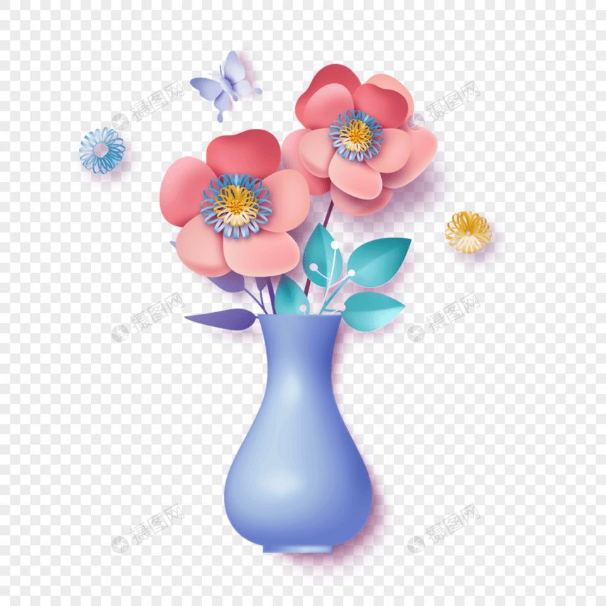 立体剪纸花卉蓝色花瓶边框图片