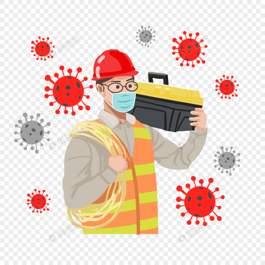 红色细胞维修工人口罩图片