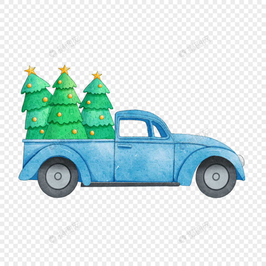 圣诞节卡车和圣诞树水彩图片