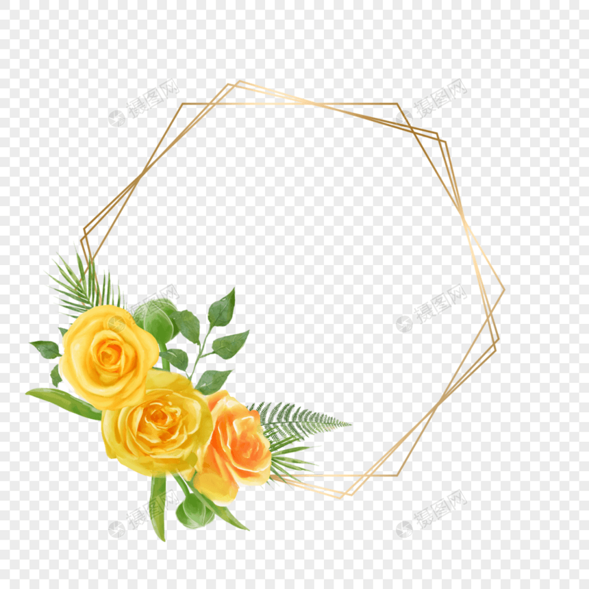 水彩婚礼黄色玫瑰花卉金色边框图片