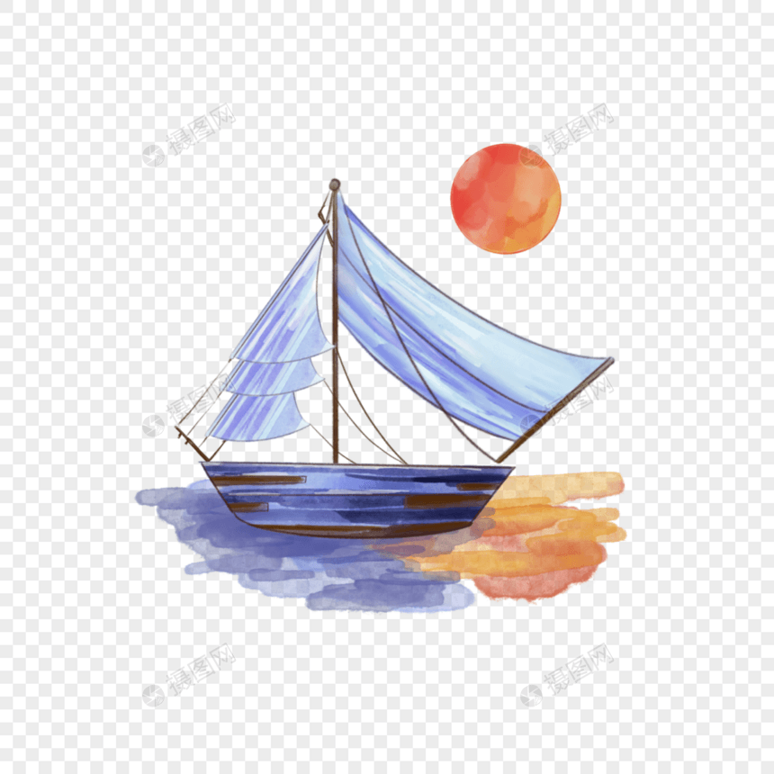 水彩夏季海洋轮船日落图片