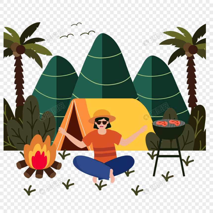夏季露营篝火帐篷和树林图片