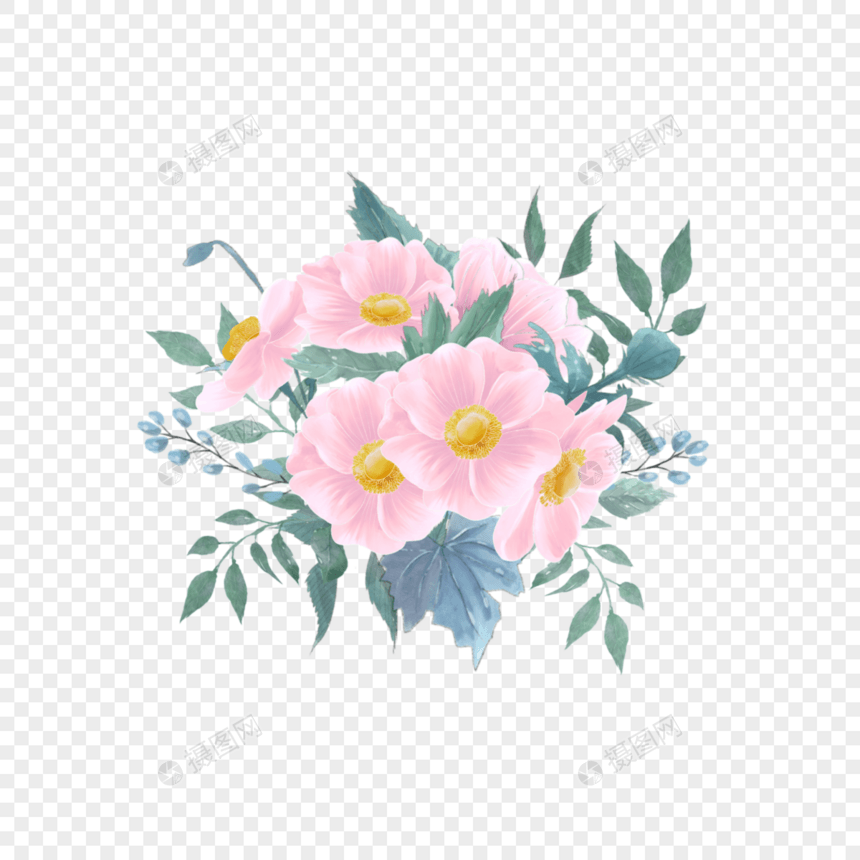 粉色水彩婚礼花卉银莲花簇图片
