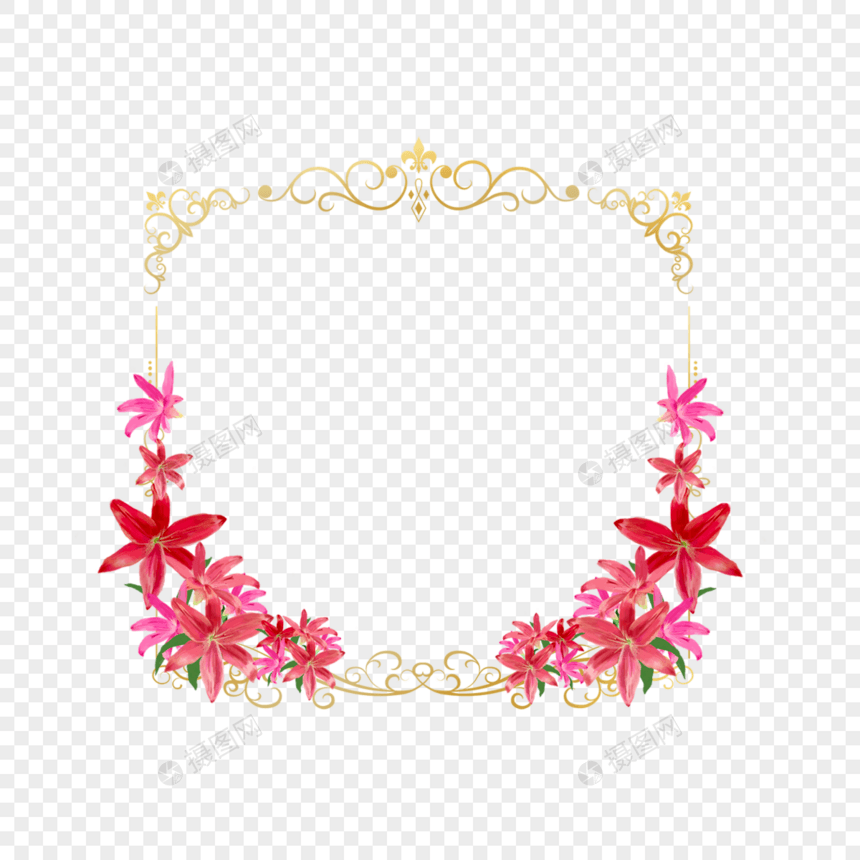 粉红百合水彩花卉边框婚礼图片