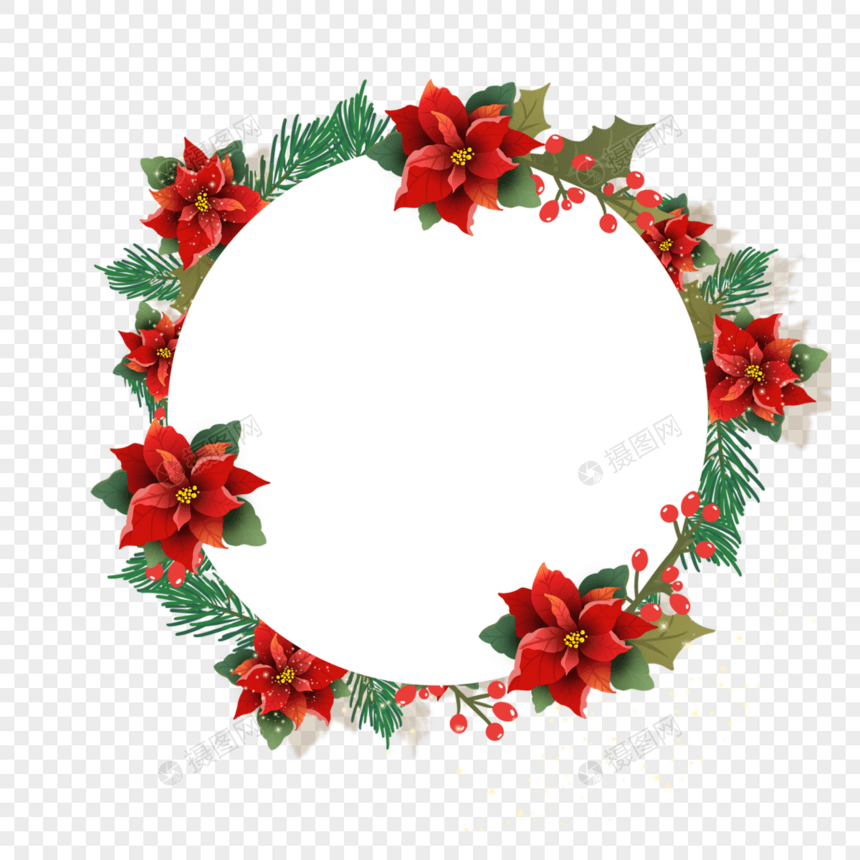 圣诞新年一品红花卉圆形边框图片