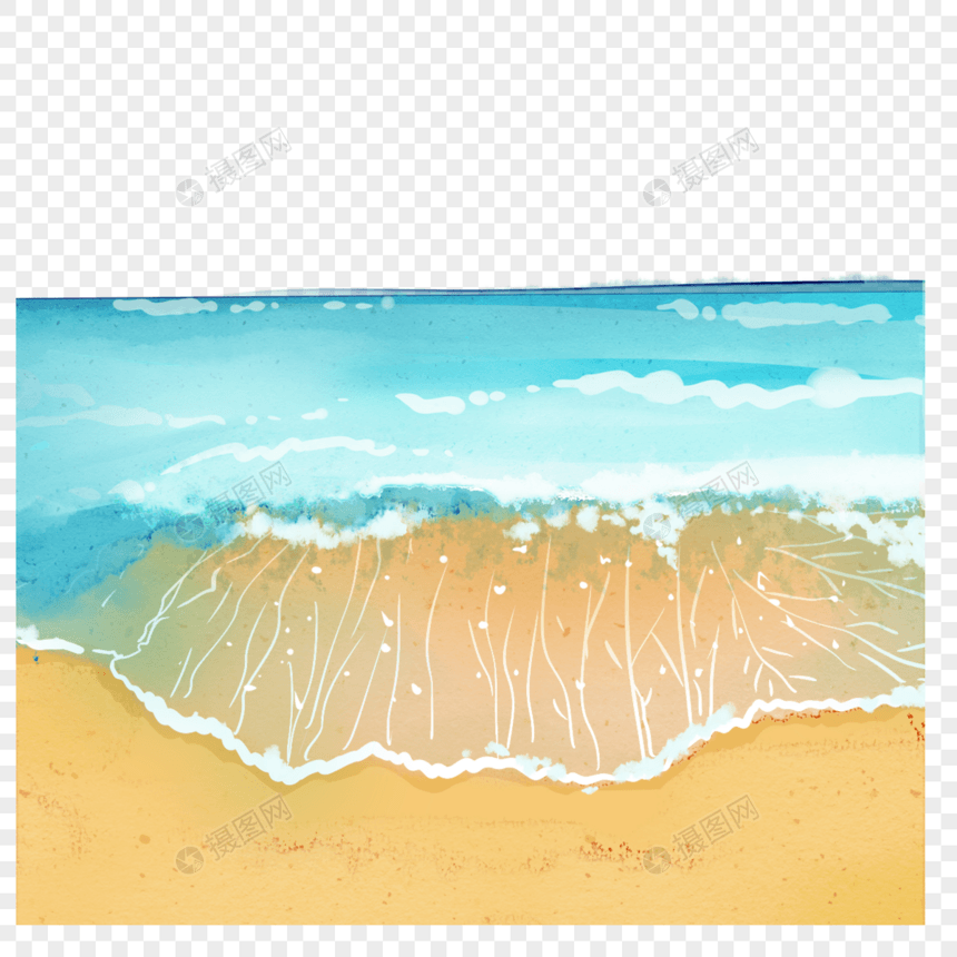 金色沙滩蓝色海浪水彩边框图片