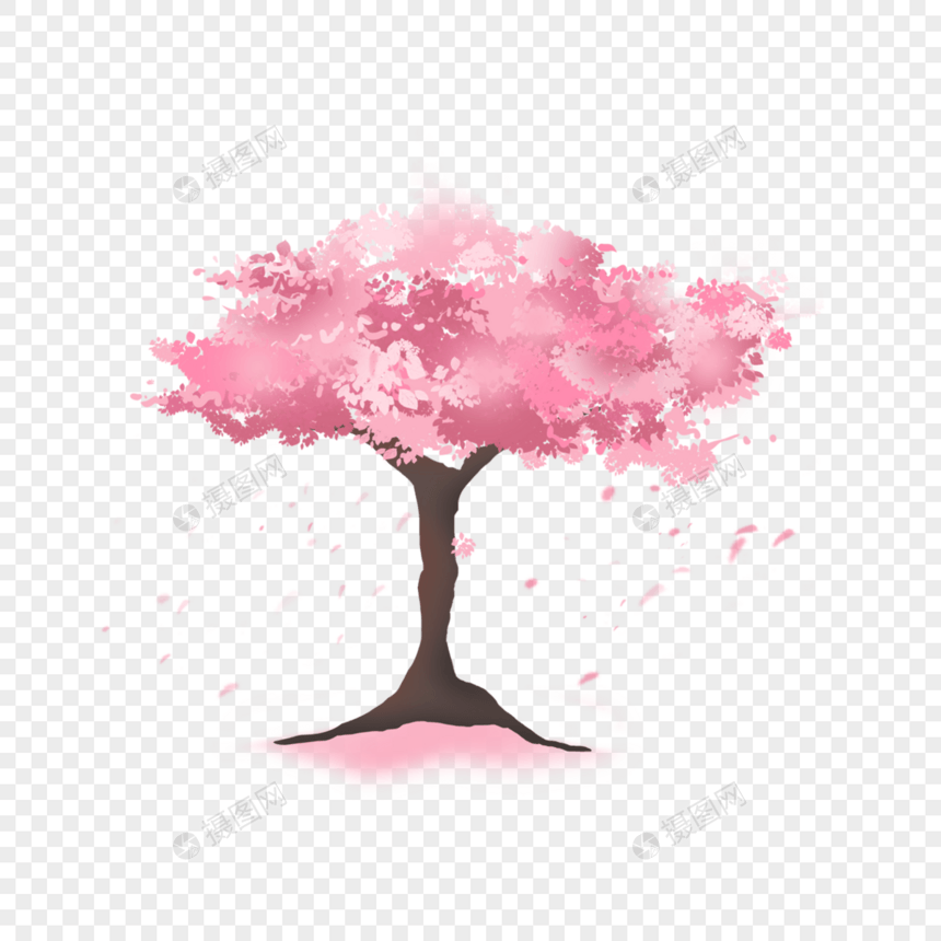 水彩粉色樱花花瓣樱花树图片