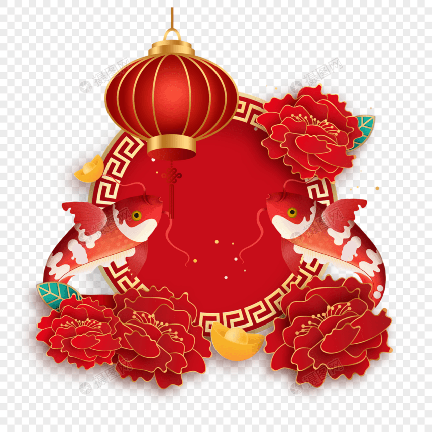 春节锦鲤红色花朵边框图片