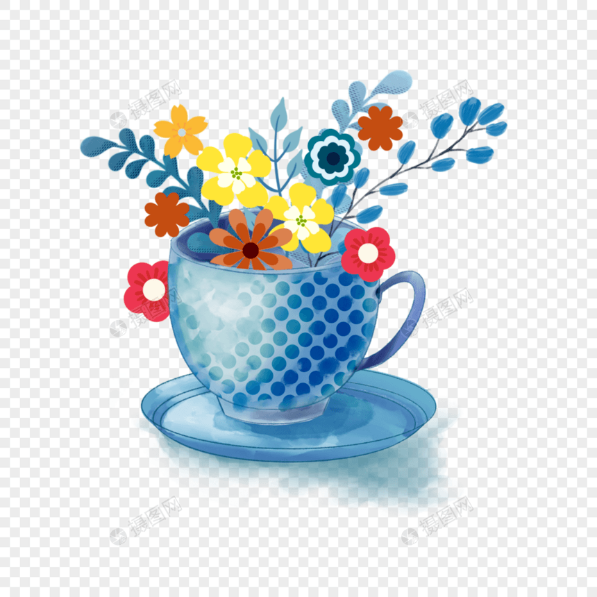 茶杯蓝色波点花艺下午茶水彩图片