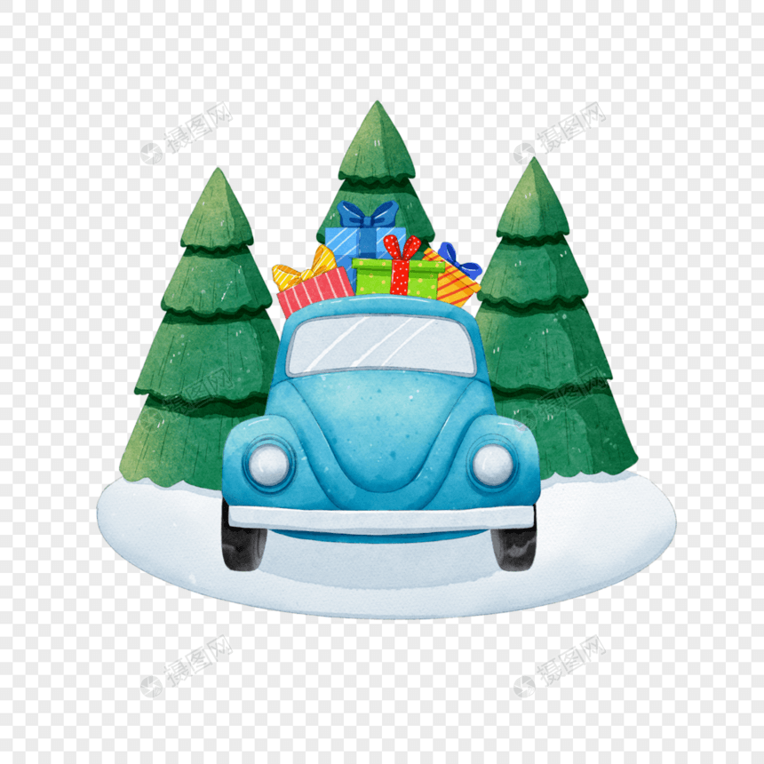 圣诞节蓝色汽车水彩图片