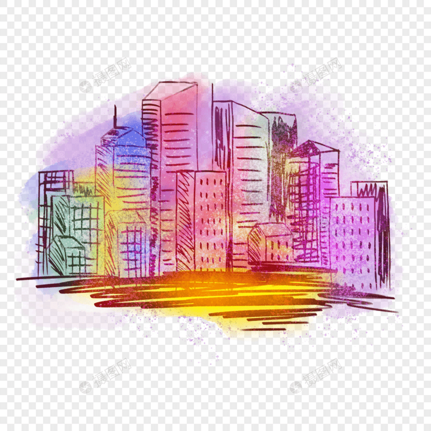 笔刷水彩城市街景图片