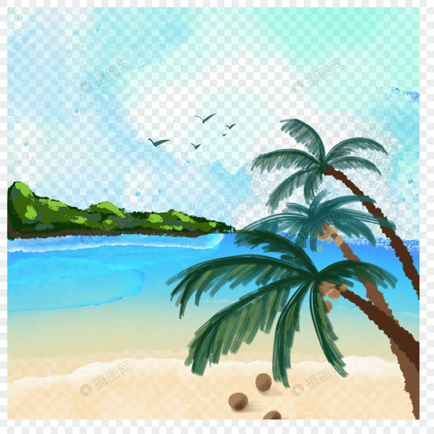 水彩风格海边景色椰子图片