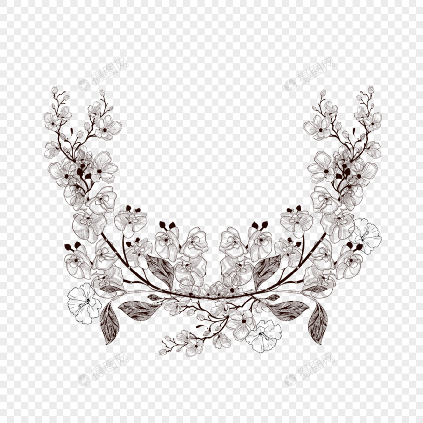 黑白线稿花朵叶子边框图片
