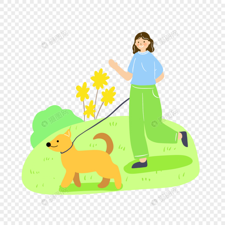 春季郊游插画扁平风遛狗的女生图片