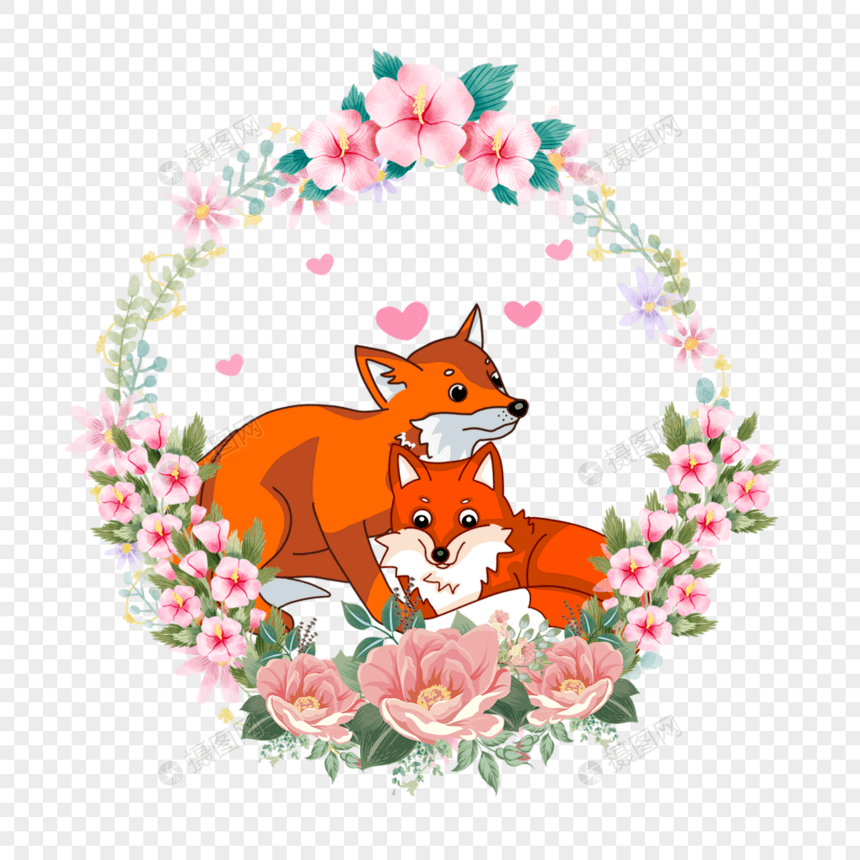 可爱动物情侣狐狸花卉花环图片