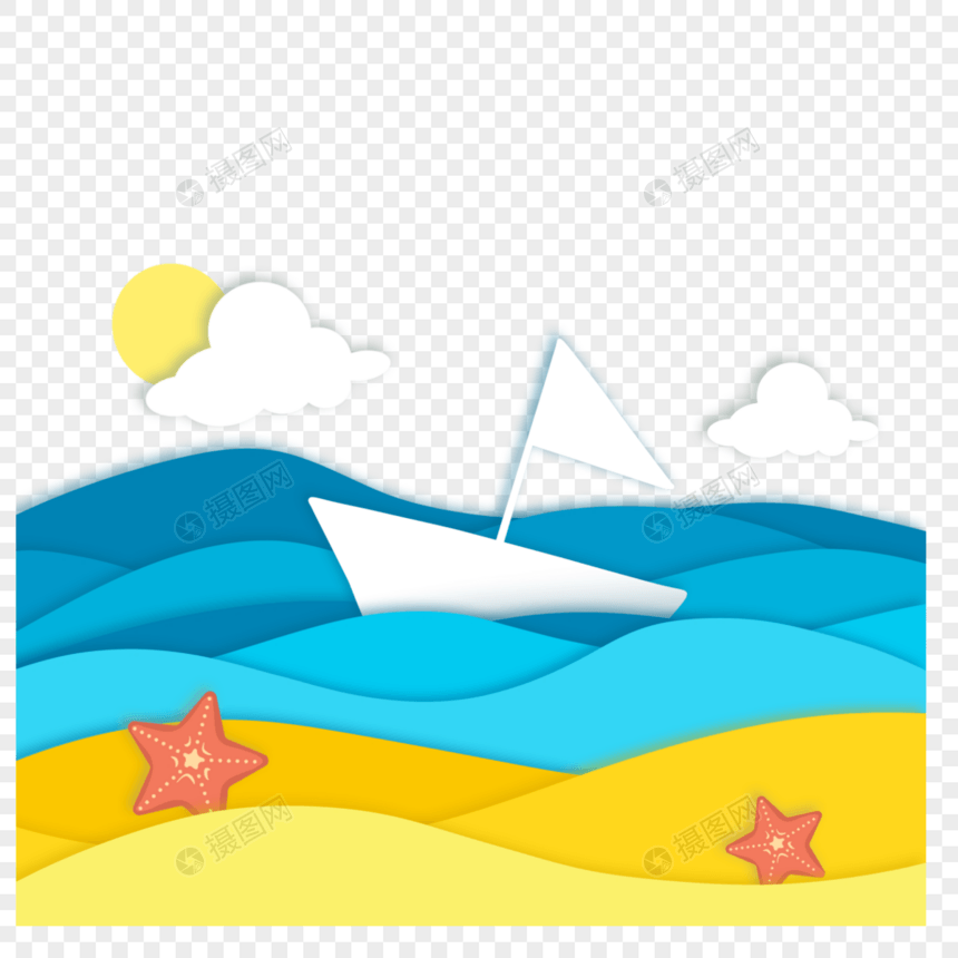 海洋剪纸风格帆船海星图片