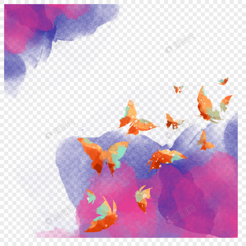 紫色水彩肌理蝴蝶舞动边框图片
