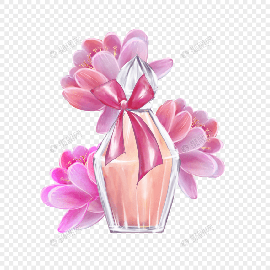 香水瓶和鲜花水彩风格紫红色图片