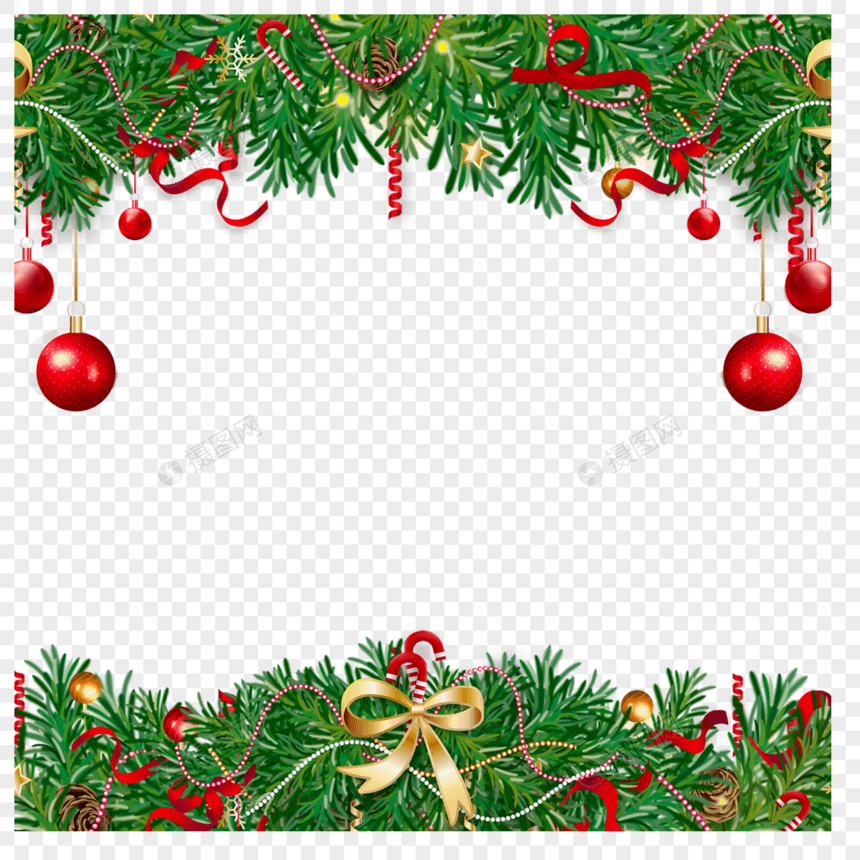 圣诞节松枝圆球丝带边框标签装饰图片