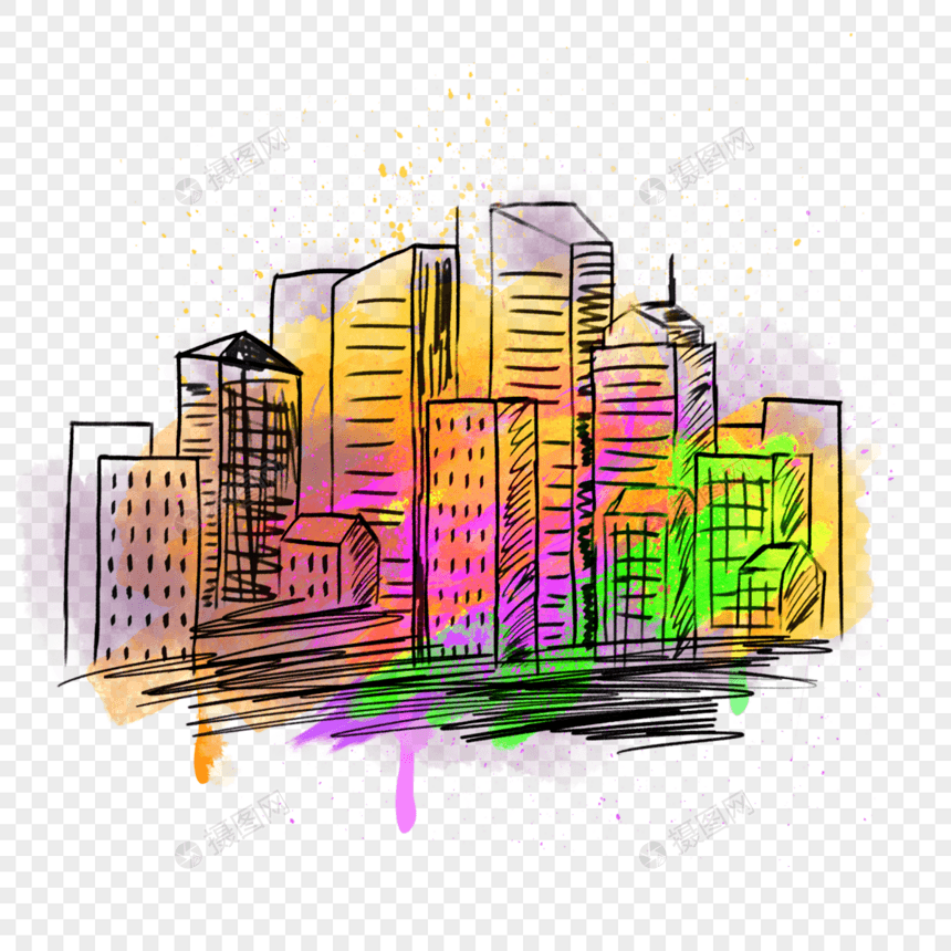 彩色涂鸦笔刷水彩城市街景图片