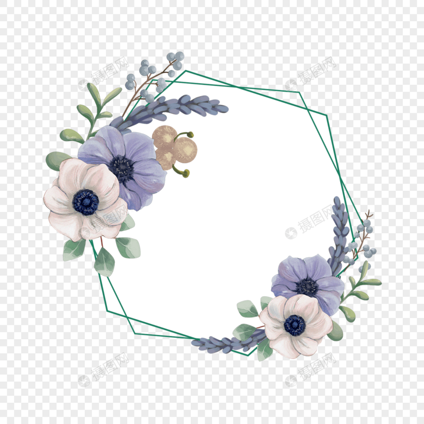 几何水彩银莲花花卉婚礼边框图片