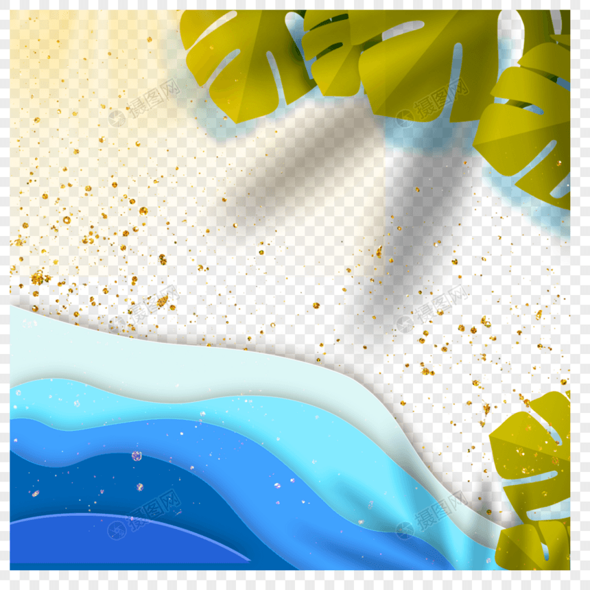 沙滩树叶海浪夏季剪纸边框图片
