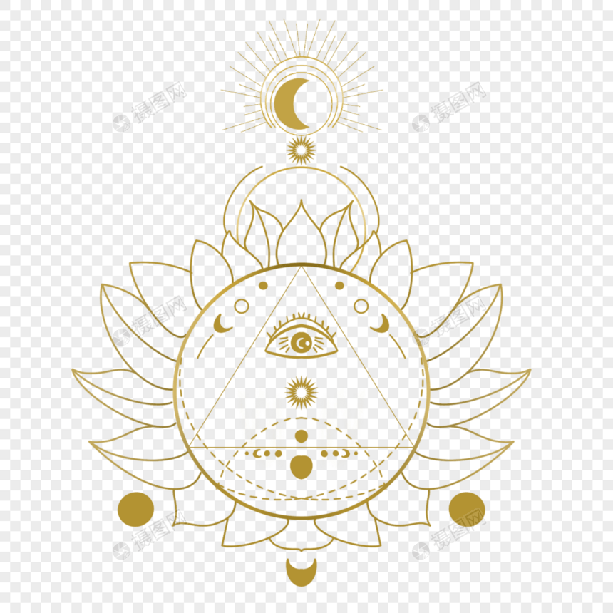 波西米亚金色日月线条神秘精神纹身图片