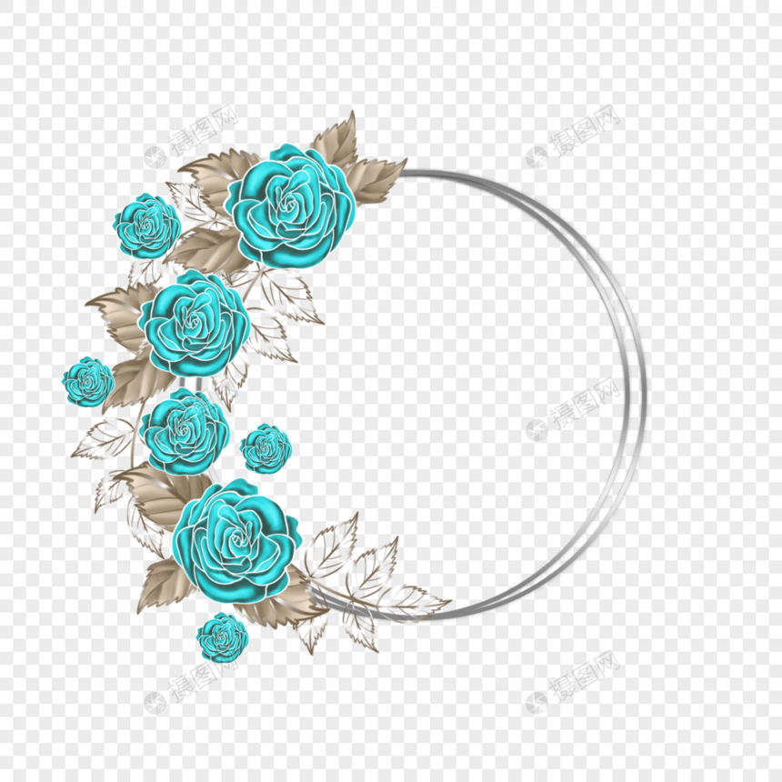 绿松石玫瑰花卉圆形银色边框图片