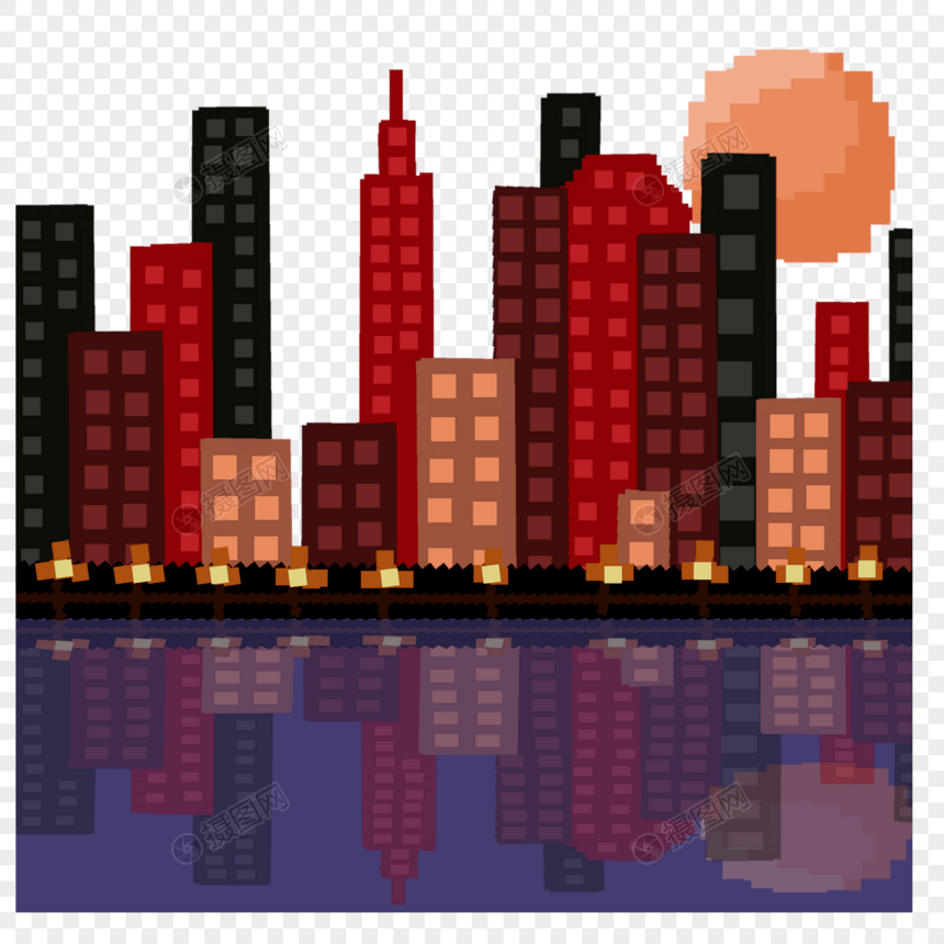 像素艺术游戏城市街景黄昏夕阳图片