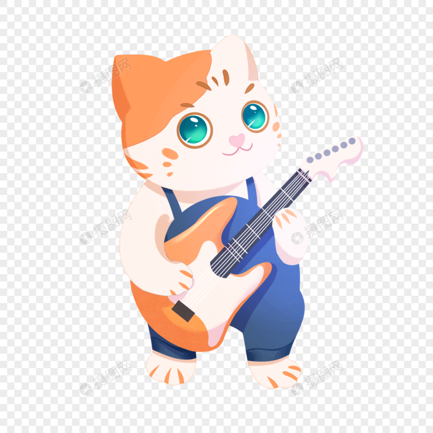可爱卡通风格弹吉他的小猫图片