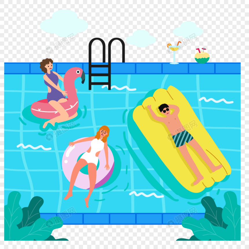 泳池晒太阳夏季海边人物插画图片