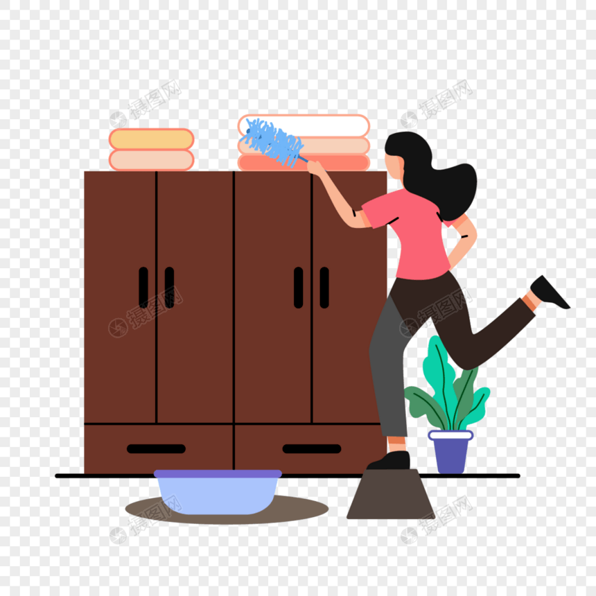 一个女人在清洁柜子顶部灰尘插画图片