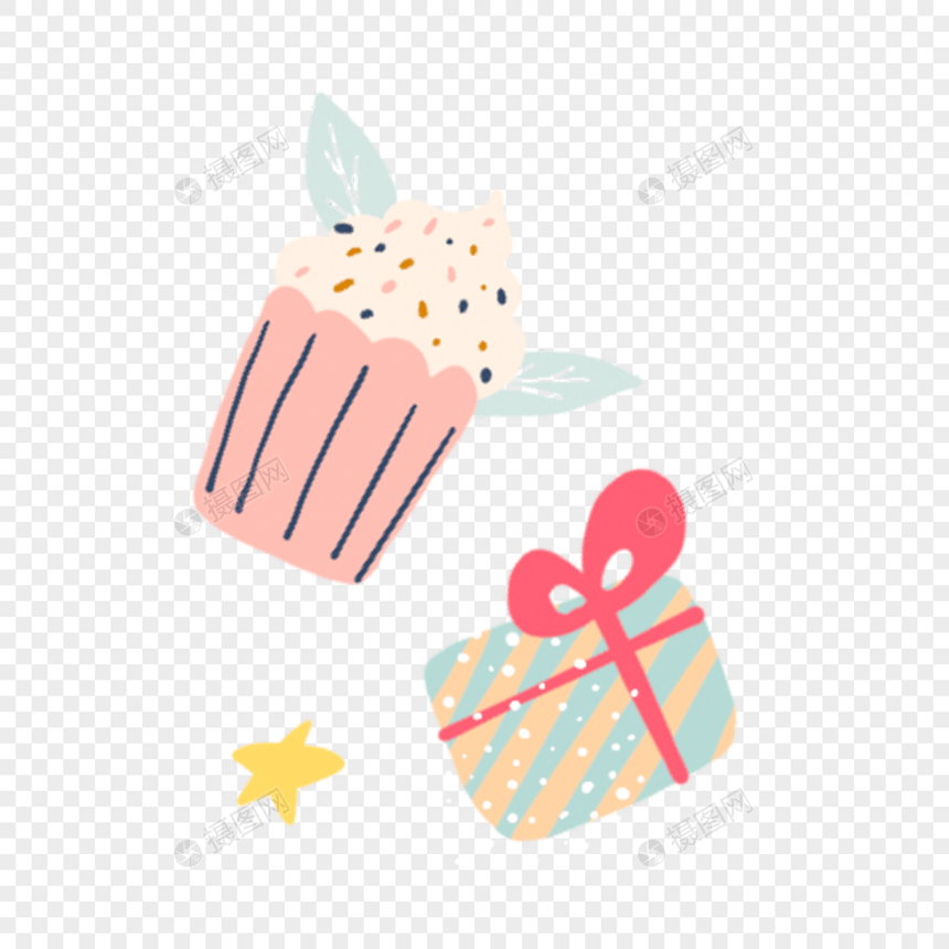 生日派对纸杯蛋糕和礼盒图片