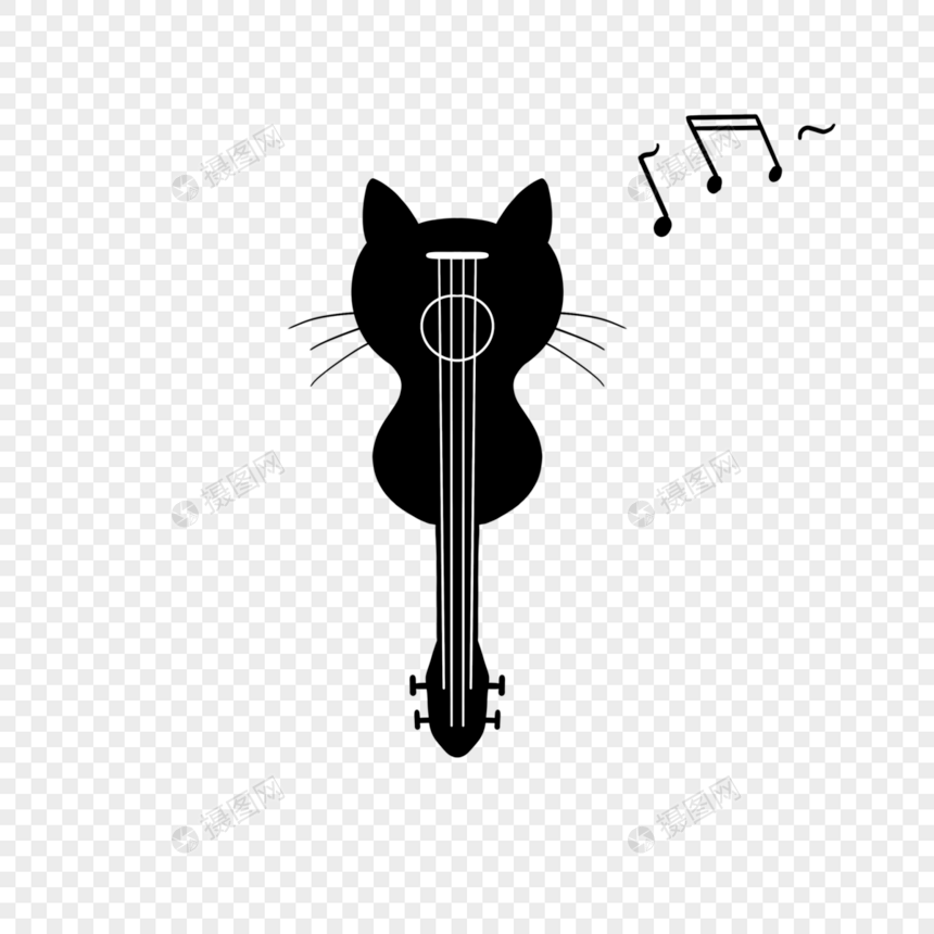 黑色猫咪背影吉他剪影图片