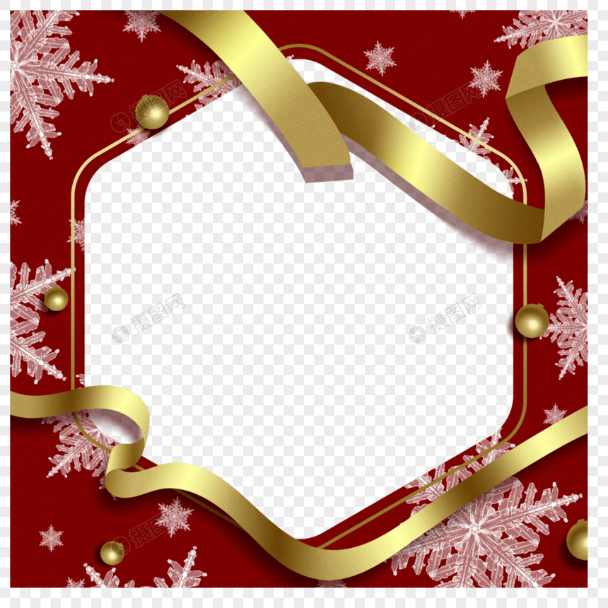 金色丝带圣诞冬季雪花红色边框图片