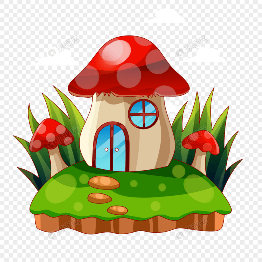卡通可爱童话风蘑菇房屋和蘑菇和草地图片