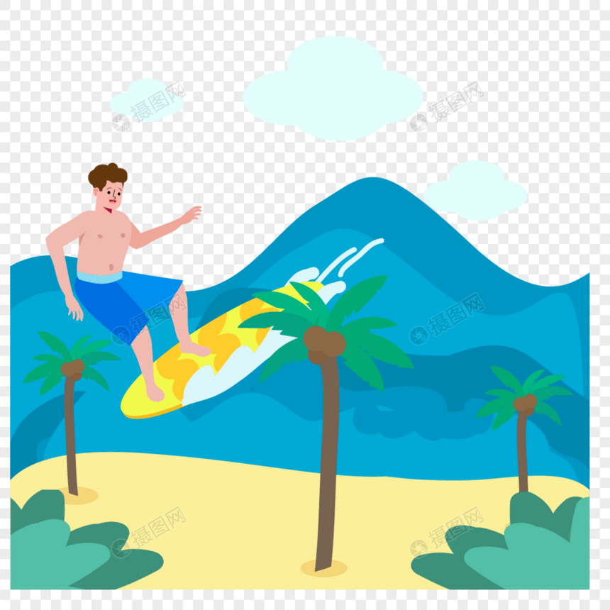 冲浪的男孩夏季海边人物插画图片