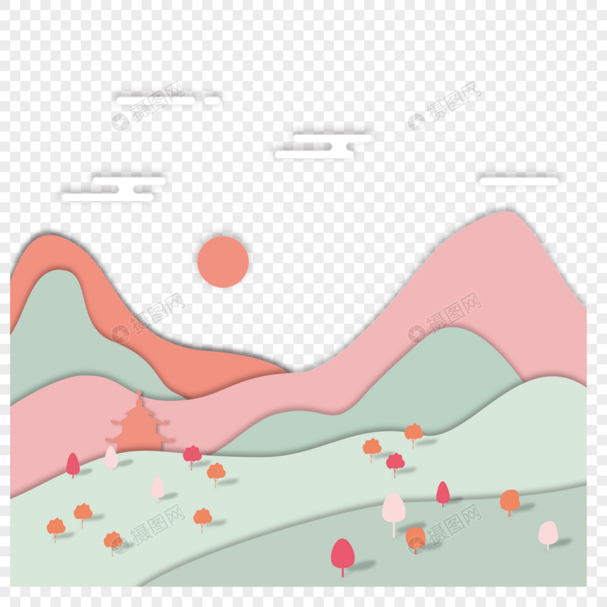日落暮色森林山云剪纸画图片