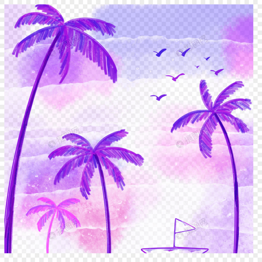 水彩风格海边景色椰子树海鸥图片
