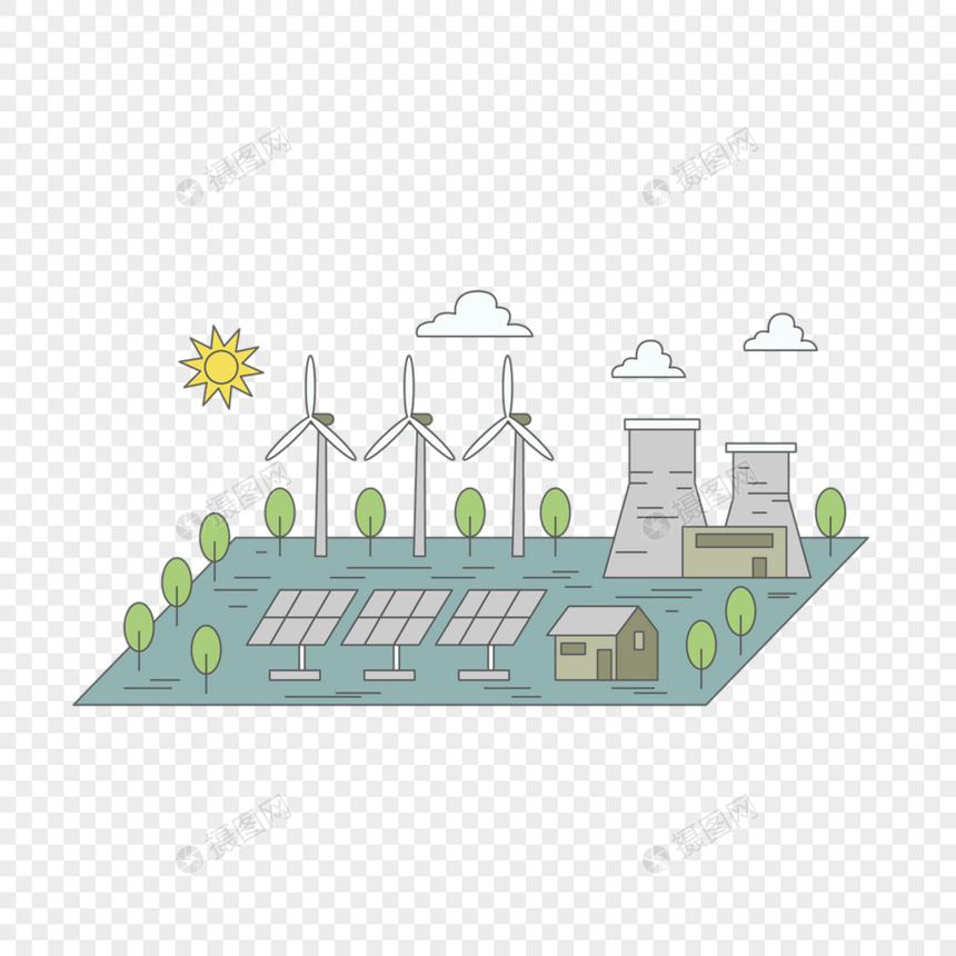 发电风车太阳能板核电站环保绿色能源概念插画图片