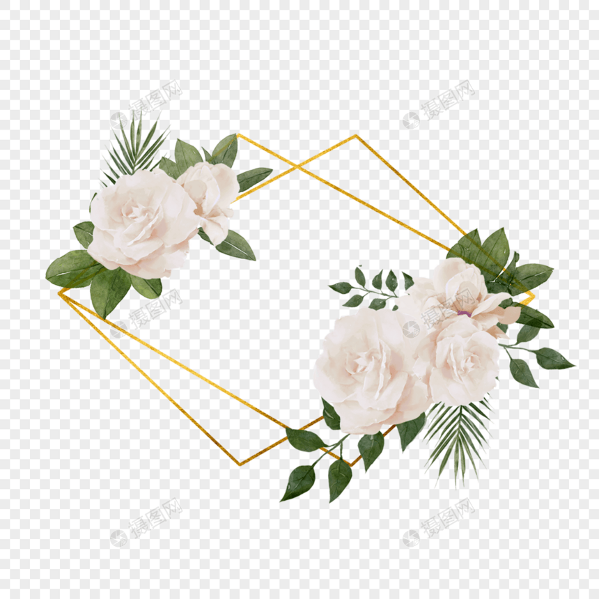 白玫瑰水彩婚礼几何边框图片