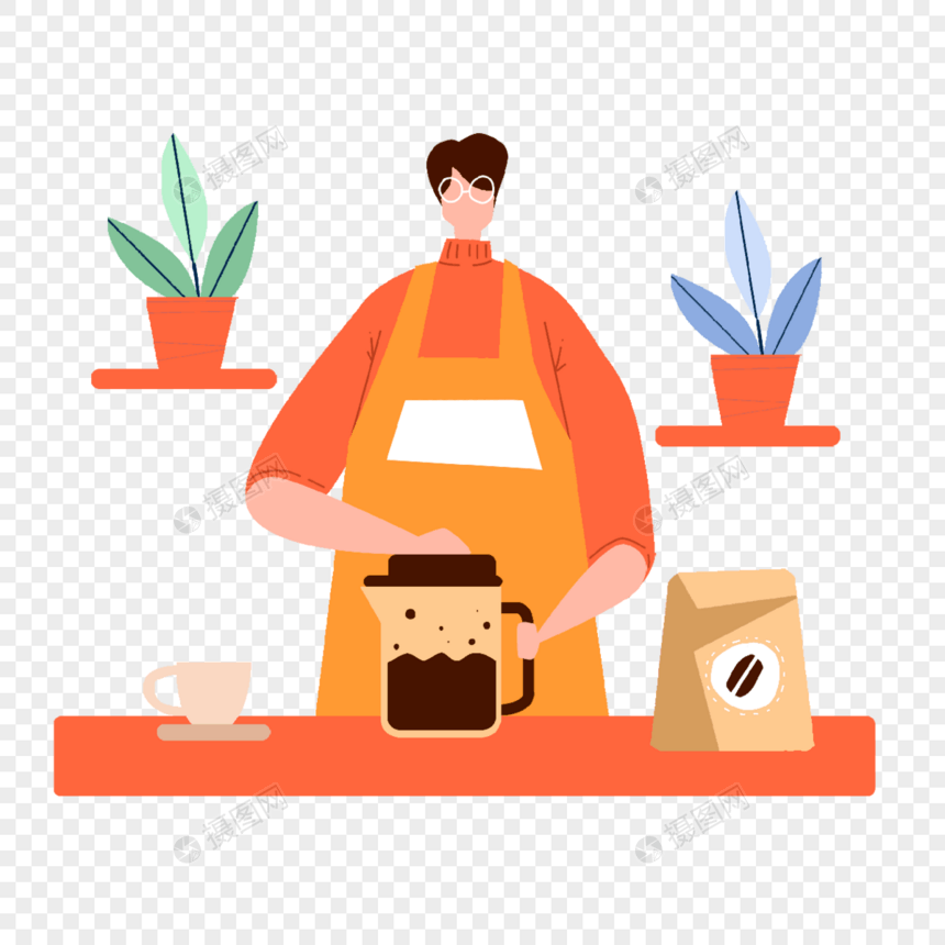 咖啡师咖啡制作橙色人物插画图片