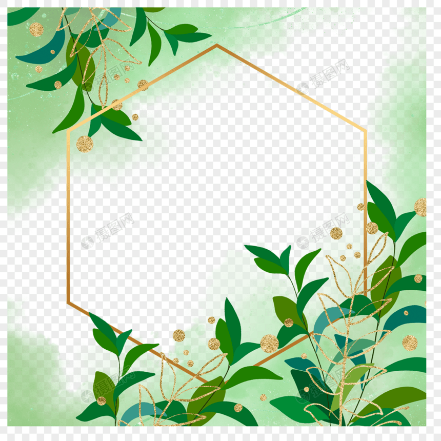 卡通绿色枝叶植物花卉水彩边框图片