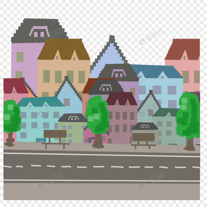 像素艺术游戏城市街景树道路图片
