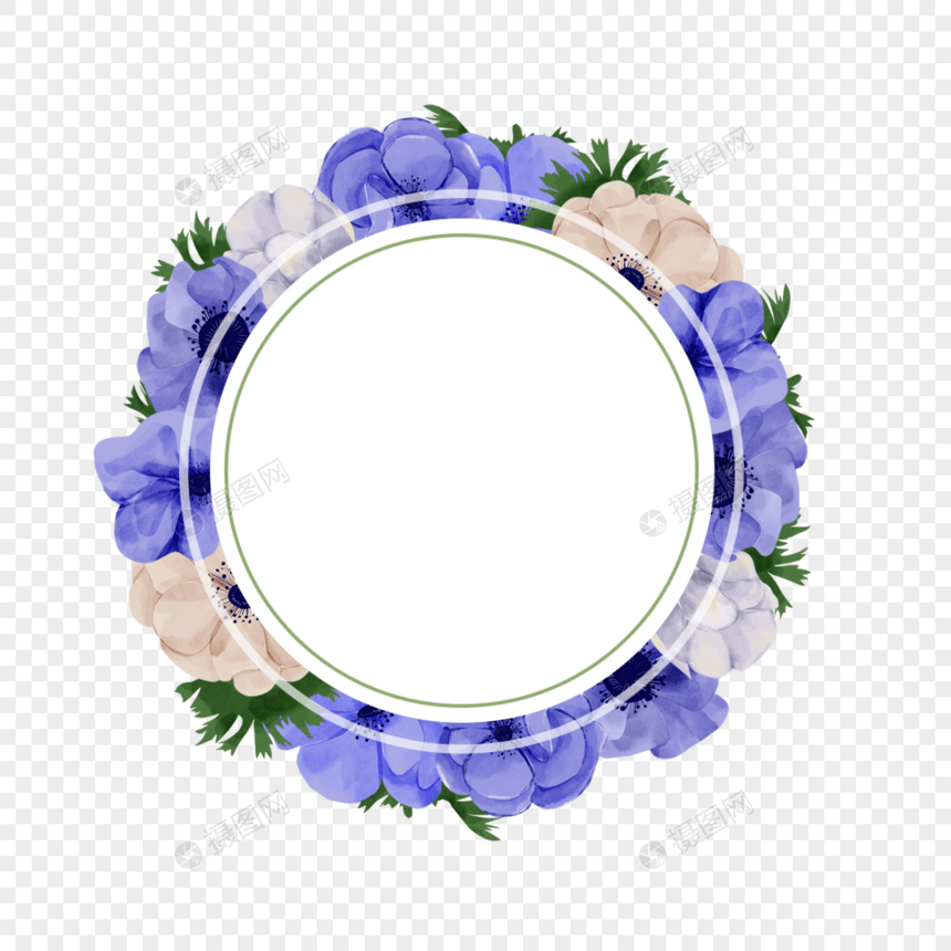 圆形水彩银莲花花卉婚礼边框图片